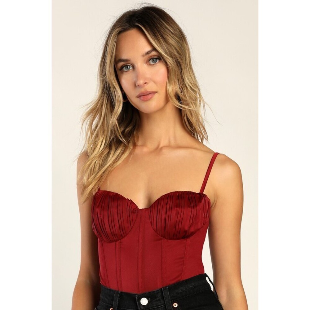 Lulus Pleat The Rush Burgundy Pleated Bustier Bodysuit Red - Size S